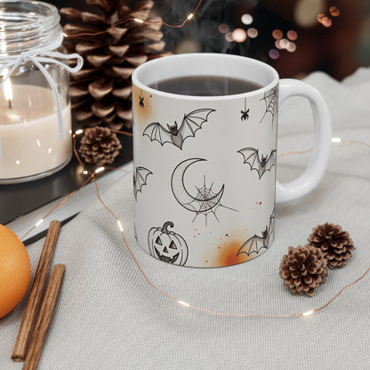 Halloween Pattern Mug — Bats, Pumpkins & Spiders 11oz